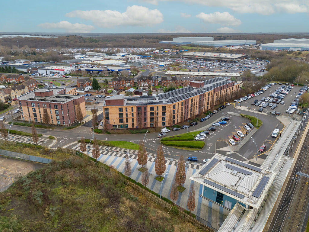 Apartments to Rent by Una Living in Hunslet House, Corby, NN17, aerial building panoramic view