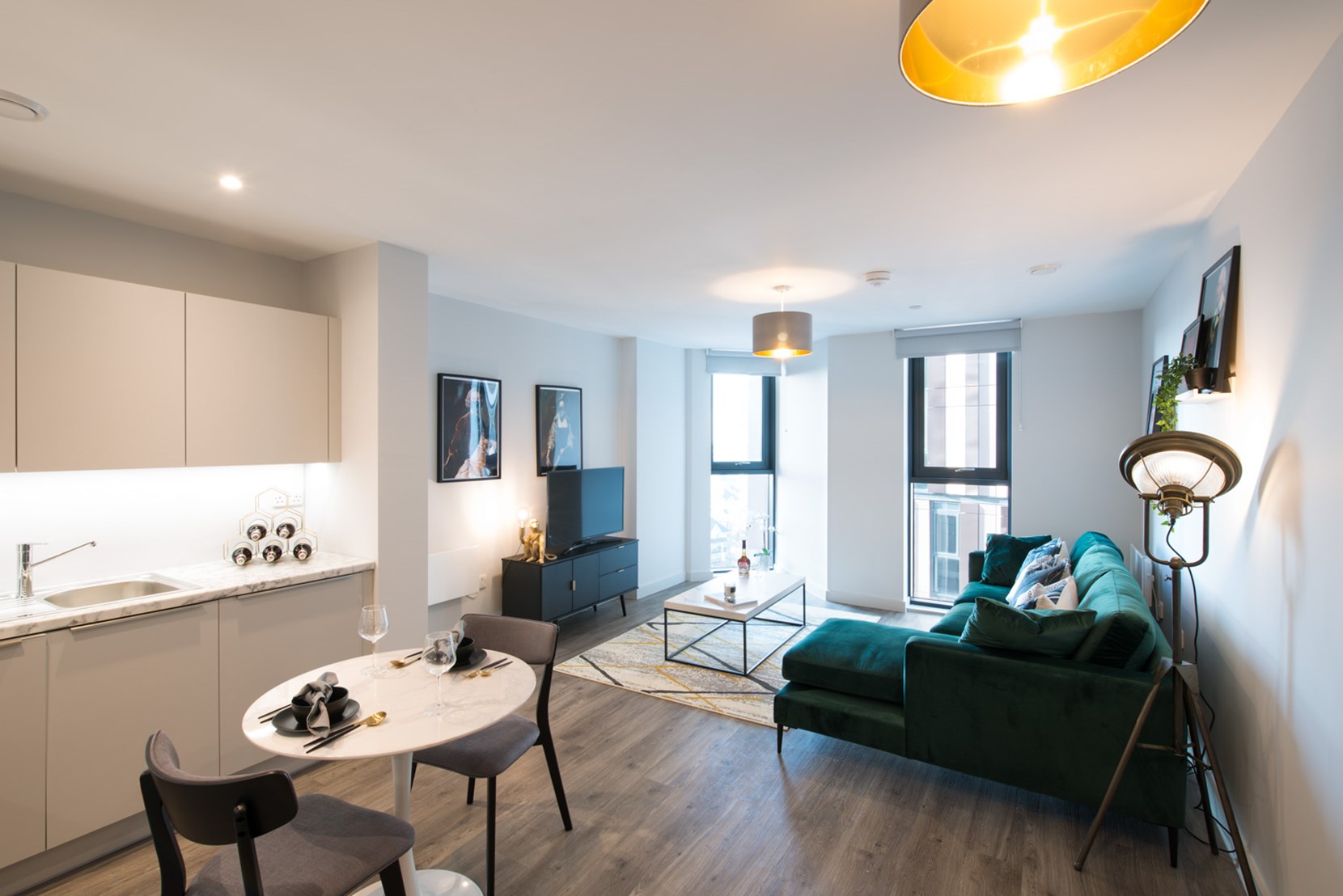 Apartments to Rent by JLL at Duet, Salford, M50, kitchen living dining area