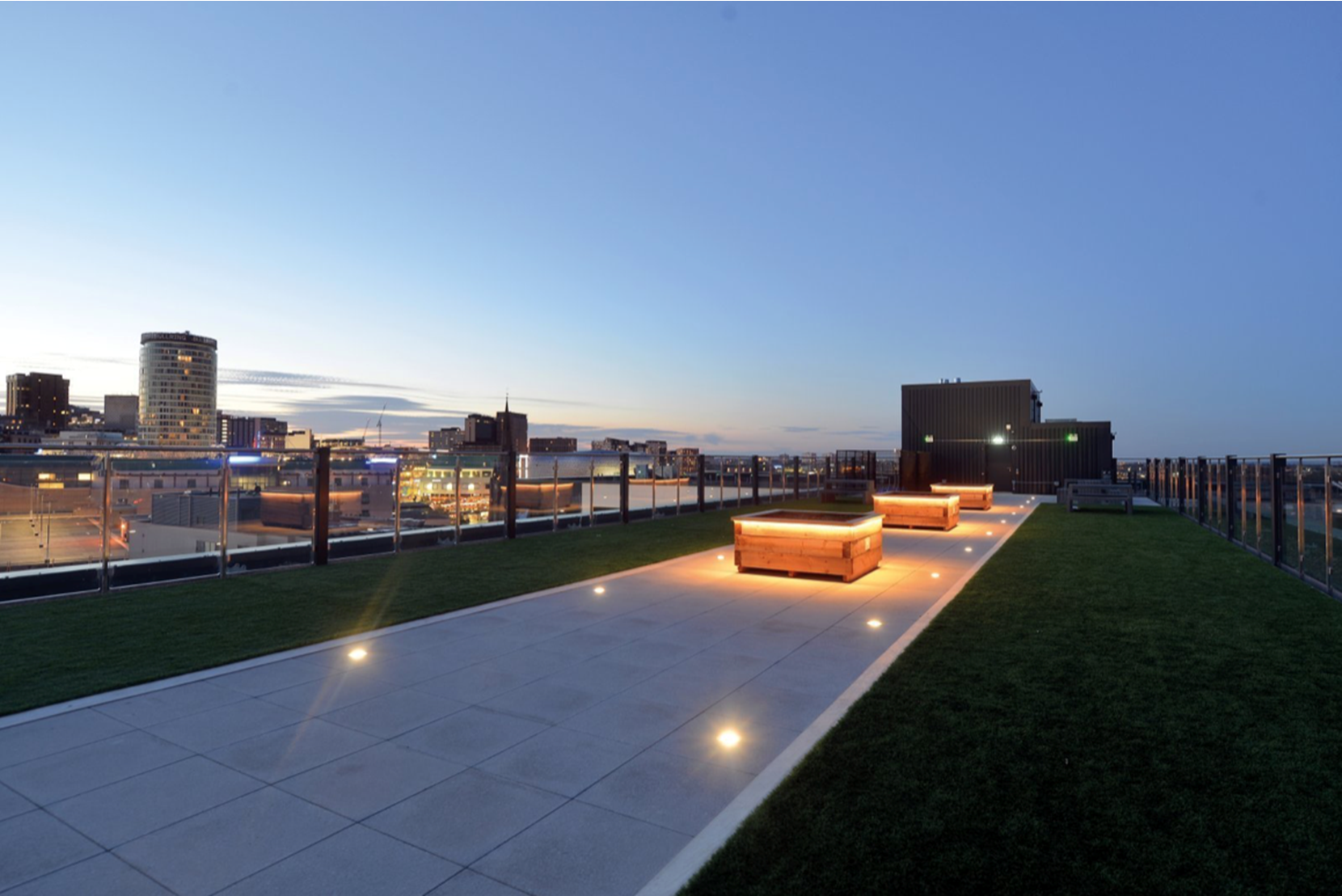 Apartments to Rent by Touchstone Resi in The Forum, Birmingham, B5, roof terrace night view