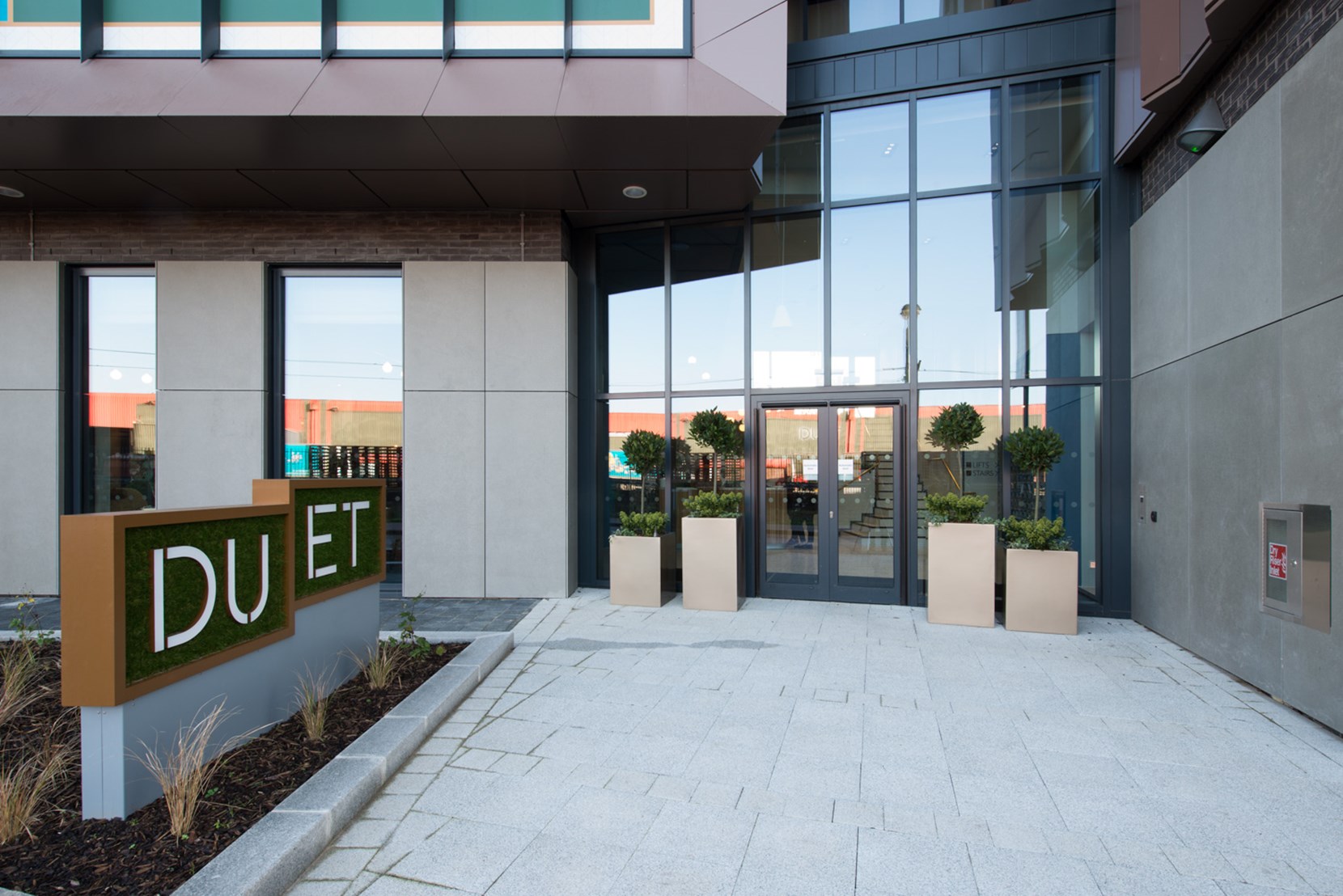 Apartments to Rent by JLL at Duet, Salford, M50, development entrance