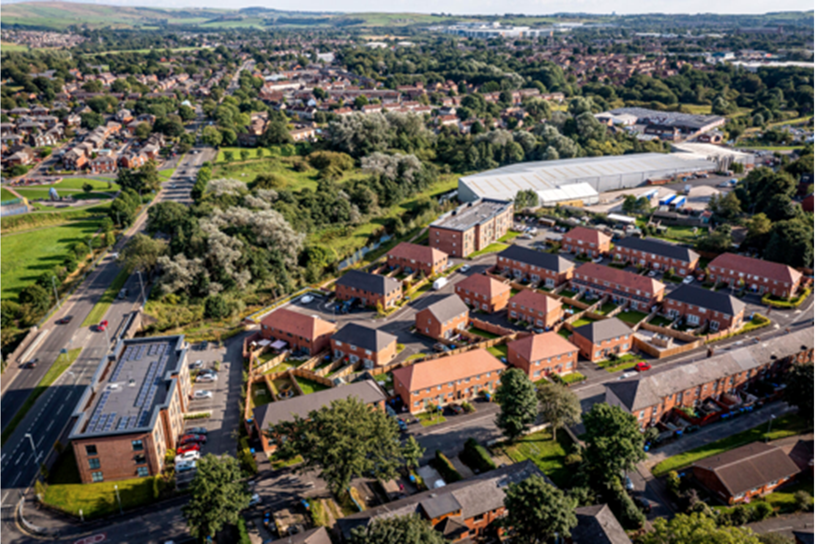Houses and Apartments to Rent by Simple Life at Brookside Grange, Rochdale, OL16, aerial development panoramic