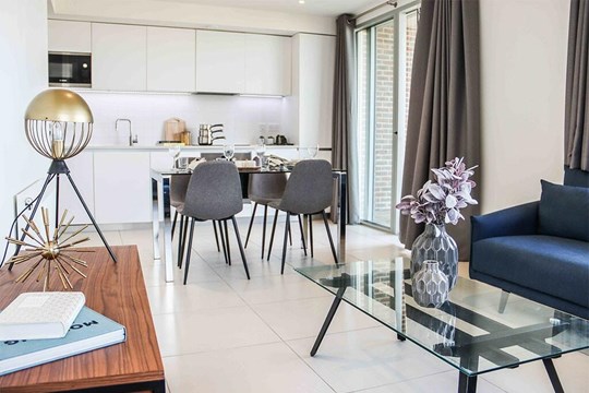 Apartments to Rent by Savills at Rehearsal Rooms, Ealing, W3, living kitchen dining area