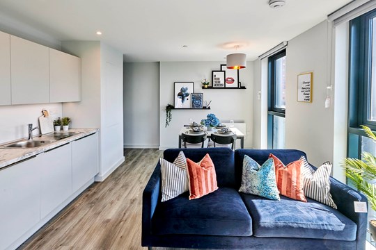 Apartments to Rent by JLL at Duet, Salford, M50, kitchen living dining area