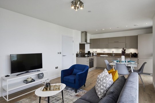 Apartments to Rent by Savills at The Highline, Tower Hamlets, E14, living kitchen dining area