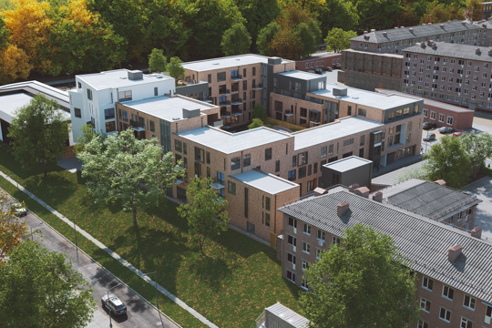 Apartments to Rent by Lotus Living in The Stow, Harlow, CM20, development panoramic CGI