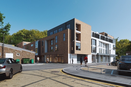 Apartments to Rent by Lotus Living in The Stow, Harlow, CM20, development panoramic CGI