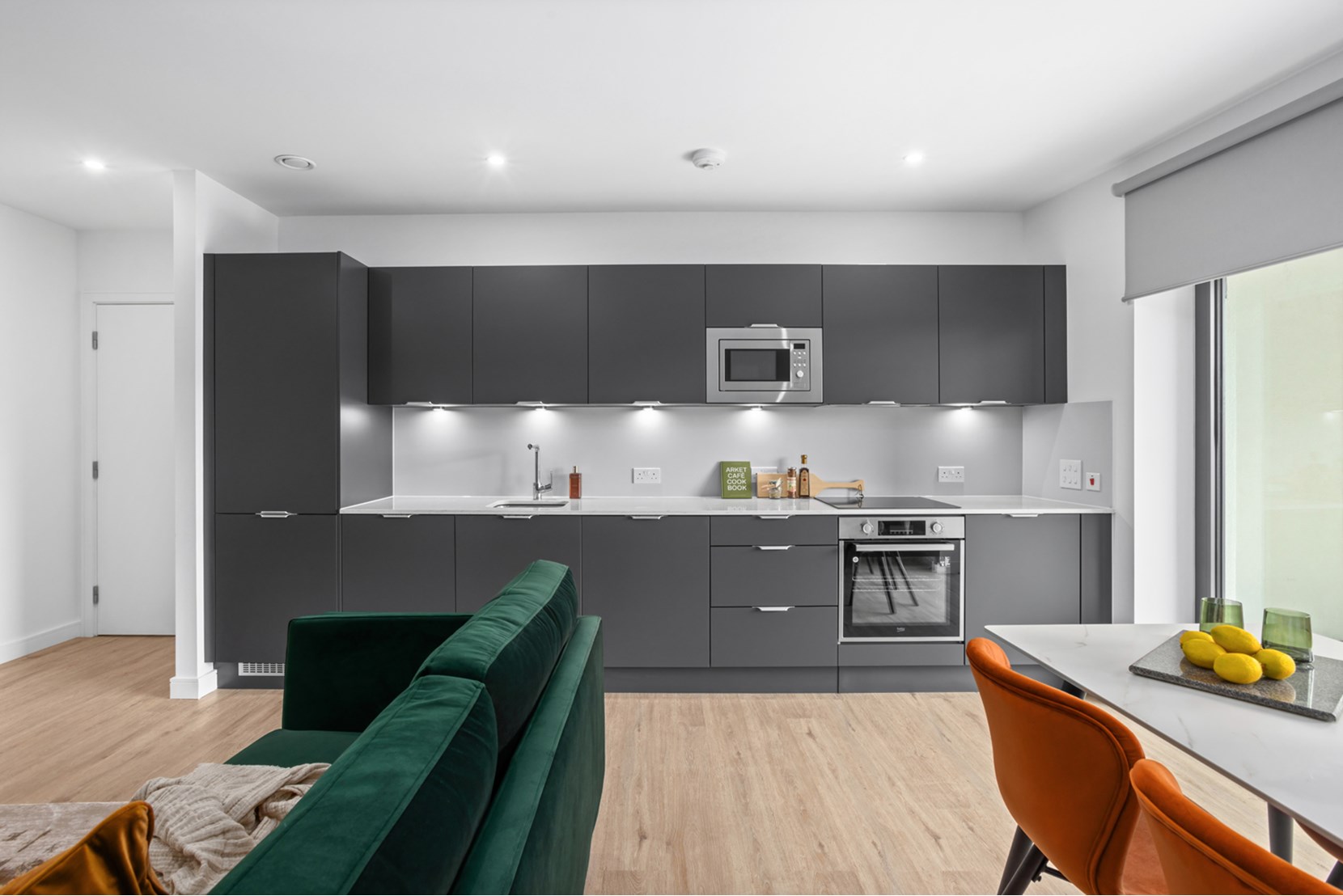 Apartments to Rent by Populo Living at Plaistow Hub, Newham, E13, living kitchen dining area