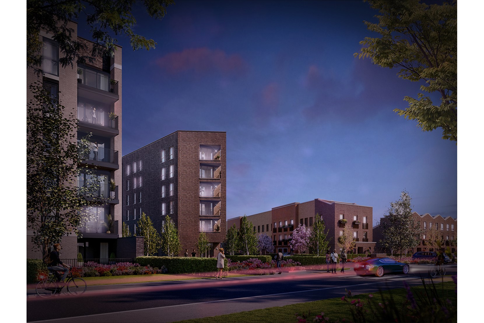 Apartments to Rent by Simple Life London in Beam Park, Havering, RM13, nightime building panoramic