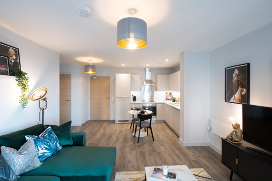 Apartments to Rent by JLL at Duet, Salford, M50, kitchen living dining area