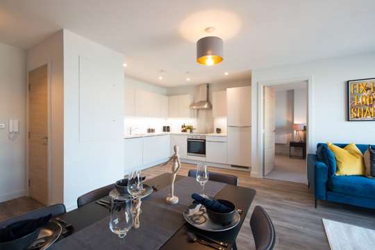 Apartments to Rent by JLL at Duet, Salford, M50, kitchen living dining area