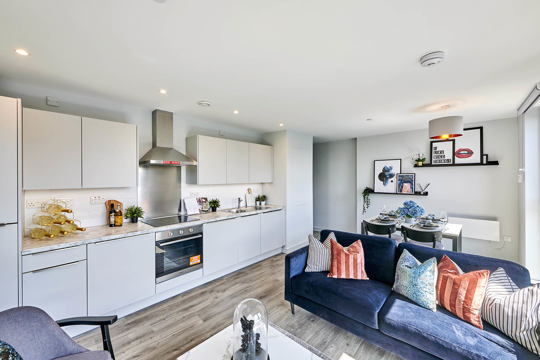 Apartments to Rent by JLL at Duet, Salford, M50, kitchen living dining area