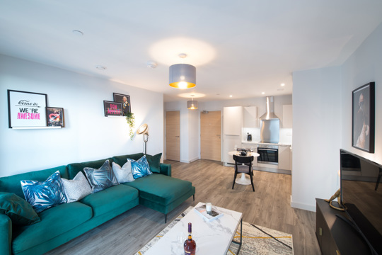 Apartments to Rent by JLL at Duet, Salford, M50, kitchen living dining area