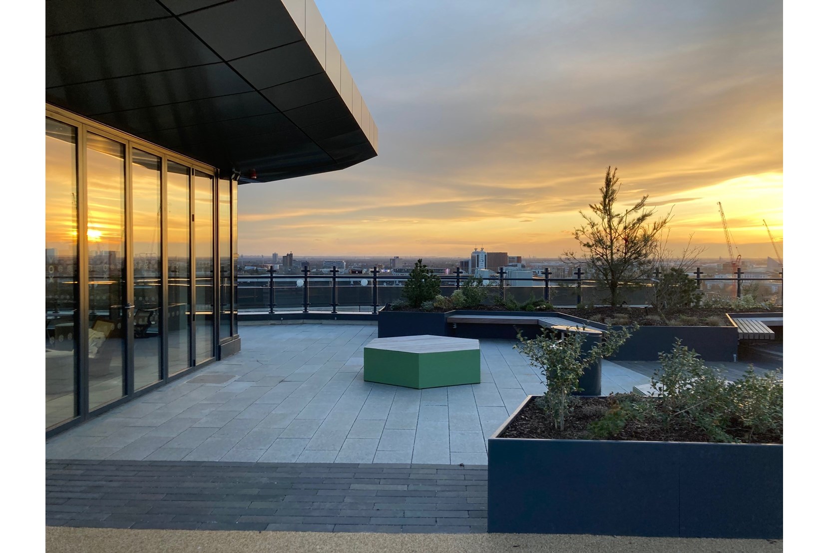 Apartments to Rent by Allsop at Vox, Manchester, M15, roof terrace dusk view